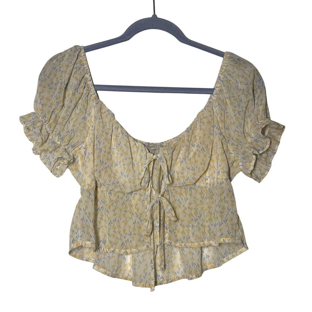 Love Tree Floral Crop Top Womens Yellow Excellent Boho Puff Sleeve Tie Front M